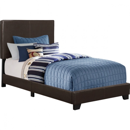 Twin Bed in Dark Brown Leatherette with Wood Legs